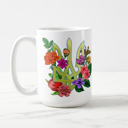 Ukrainischer Heraldik-Dreizack Tryzub blühende Blu Kaffeetasse (Links)