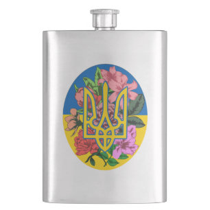 ukrainischer Präsident und ukrainische Flagge mit  Flachmann