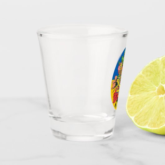 ukrainischer Präsident und ukrainische Flagge mit  Schnapsglas (Links)