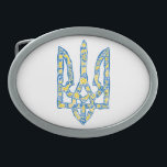 Ukrainisches Emblem trident tryzub ethnisch Ovale Gürtelschnalle<br><div class="desc">Ukrainisches Emblem Trident tryzub in ukrainischen Flaggenfarben und ethnischen Mustern Ukraine, Ukrainisch, Wappen, nationales Emblem, Trident, Trazub, ethnische Muster, ukrainische Flagge, blau und gelb, kein Krieg, Stopp-Krieg, Krieg, stolze, Staat, Regierung, Zeichen, Freiheit, national, Land, Unabhängigkeit, Unabhängigkeitstag, Muster, ethnische, Ethno, Volkskunst, Folklore, Zelensky, Kiew, UA, Patrioj, tic, Europe, Label, Abzeichen, Republik,...</div>