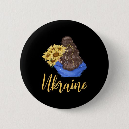 Ukrainisches Mädchen mit Sonnenblumen Blaue Gelbe Button (Vorderseite)