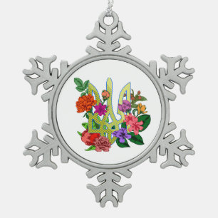 Ukrainisches Wappen Dreizack Tryzub blühende Blume Schneeflocken Zinn-Ornament