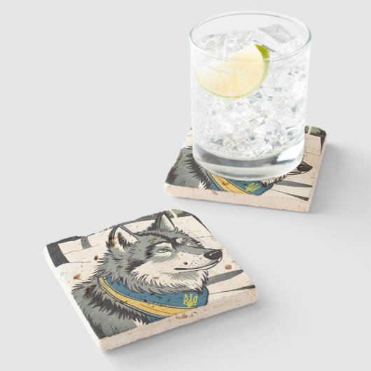 Ukrainisches Wolf-Symbol, stark, stolz Ukraine Art Steinuntersetzer (Seitenansicht)