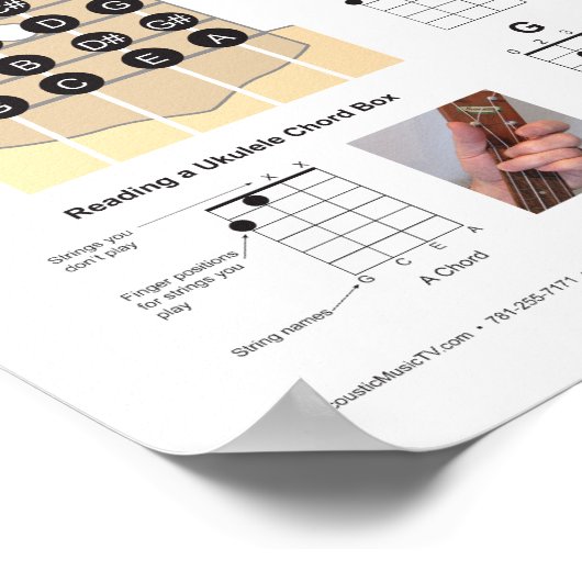 Ukulele Chords Finger Chart und Fretboard Poster (Ecke)
