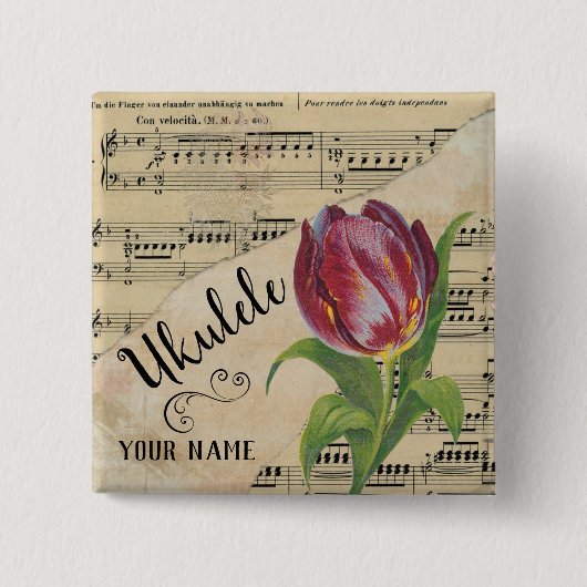 Ukulele Tulip Vintage Noten - kundenspezifisch Button (Vorderseite)
