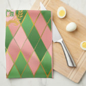 Ultra Chic Elegant Rosa Grün Argyle Monogramm Wapp Geschirrtuch (Viertel Falte)