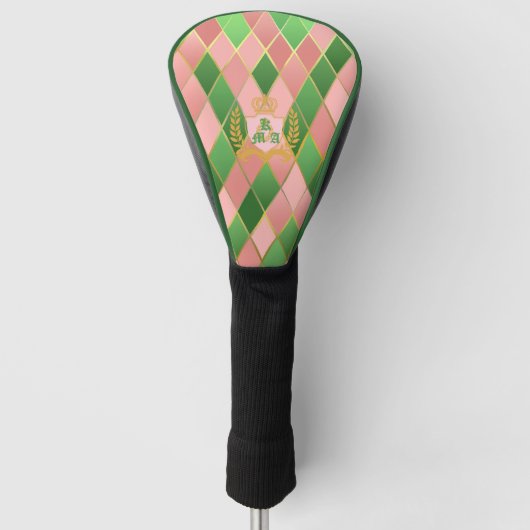 Ultra Chic Preppy Pink Green Argyle Monogram Crest Golf Headcover (Vorderseite)