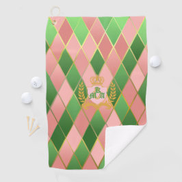 Ultra Chic Preppy Pink Green Argyle Monogram Crest Golfhandtuch