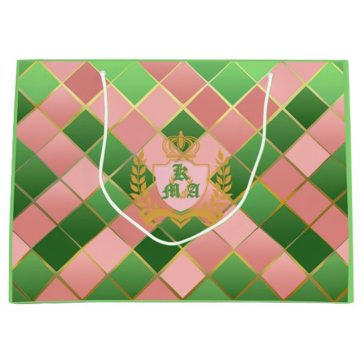 Ultra Chic Preppy Pink Green Argyle Monogram Crest Große Geschenktüte (Vorderseite)