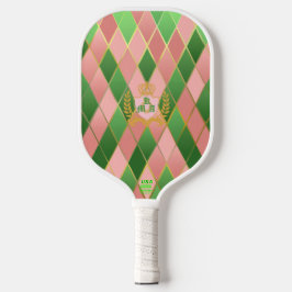 Ultra Chic Preppy Pink Green Argyle Monogram Crest Pickleball Schläger
