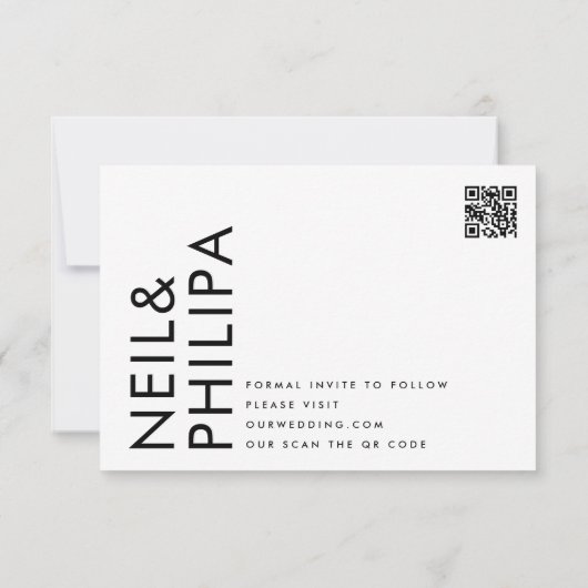 Ultra-Modern bearbeitbares QR-Foto Schwarz-weiß Save The Date (Rückseite)