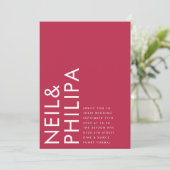 Ultra Modern Bold NAMES Magenta Red Wedding Einladung (Stehend Vorderseite)