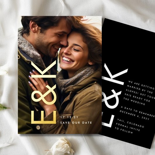 Ultra-Modern-Gold-Foto-Monogramm Rette unser Datum Folieneinladung