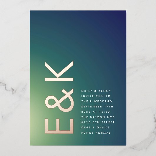 Ultra-Modern Gradient Green Blue Ombre Wedding Folieneinladung (Vorderseite)