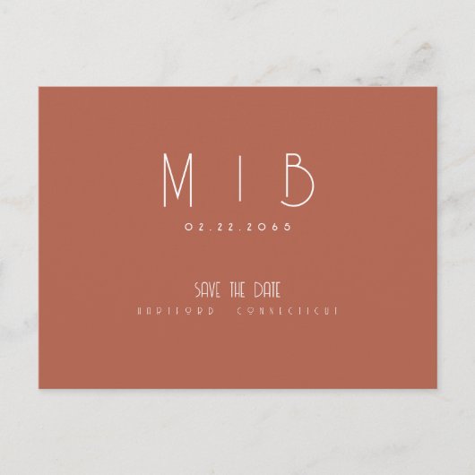 Ultra-Modern-Monogram-Zimt Save the Date Postkarte (Vorderseite)