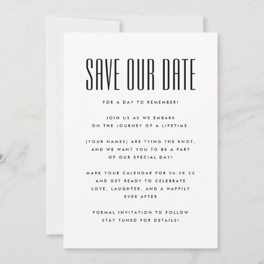 Ultra Modern Simple Photo Big Bold Details Wedding Save The Date (Rückseite)