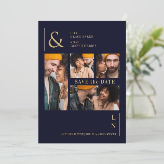 Ultra Modern Trendy Navy & Gold 4 Multi Photos Save The Date (Stehend Vorderseite)