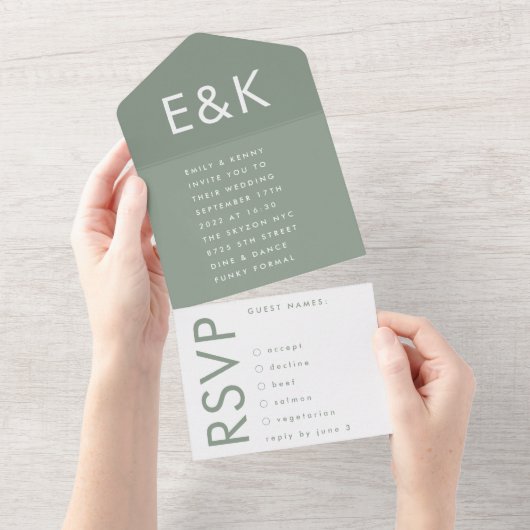 Ultra Sage Green Bold Big Monogram Simple Wedding All In One Einladung (Abreißtisch)