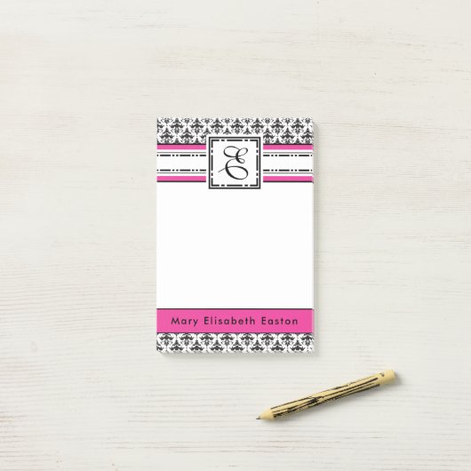 Ultra schickes Pink-Schwarzweiss-Damast-Gewohnheit Post-it Klebezettel (Auf Schreibtisch)