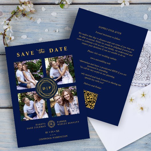 Ultra Trendy Navy & Gold 4 Multi Photos Wedding Save The Date