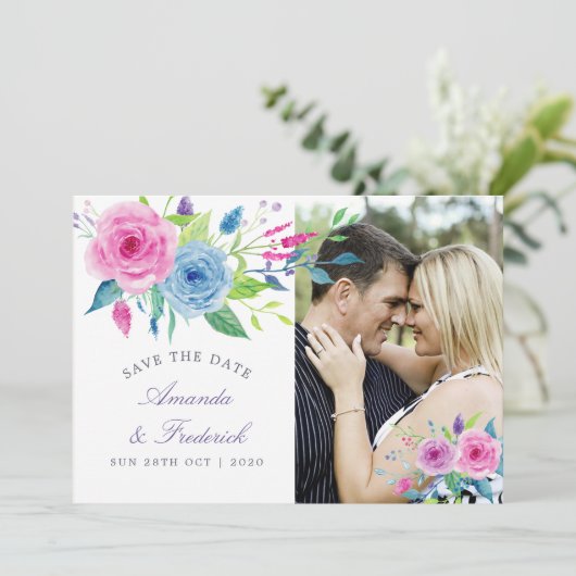 Ultra-Violet-bezogene Blumenhochzeit Sichern Sie d Save The Date (Stehend Vorderseite)