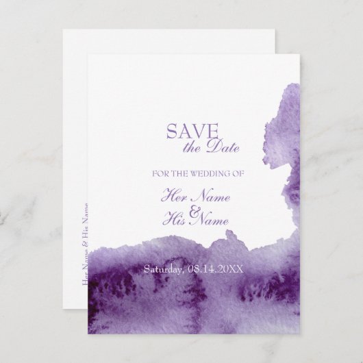Ultra Violet Elegante Wasserfarbe Save the Date Ankündigungspostkarte (Vorne/Hinten)