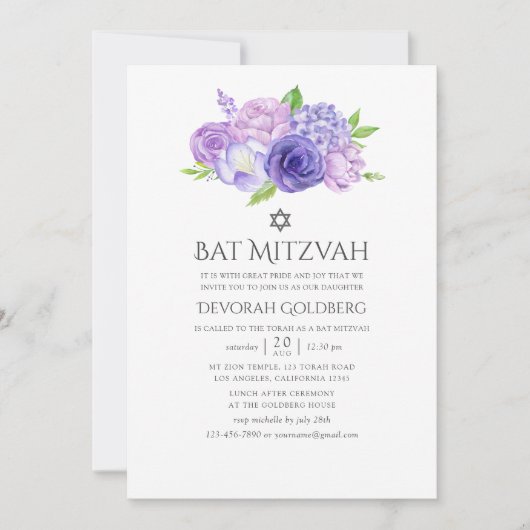 Ultra Violet Floral Bat Mitzvah Einladung (Vorderseite)