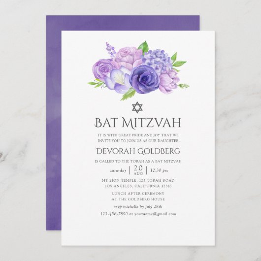 Ultra Violet Floral Bat Mitzvah Einladung (Vorne/Hinten)