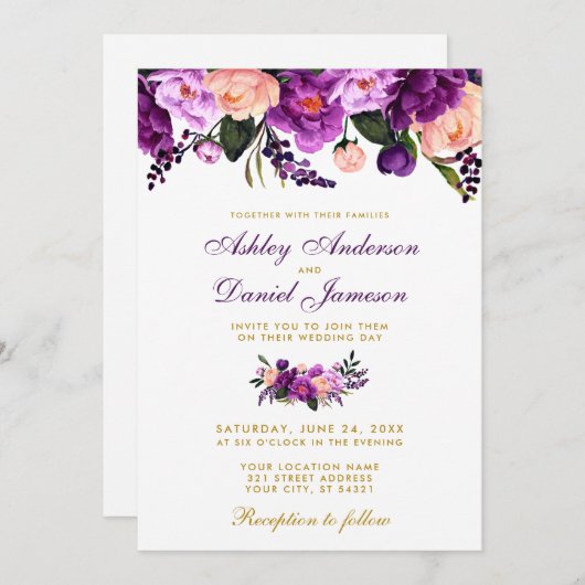 Ultra-Violet-Hochzeit mit Lila Blumengold Einladung (Vorne/Hinten)