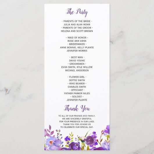 Ultra-Violet-Hochzeitsprogramm für Lila Blumen Programm (Rückseite)