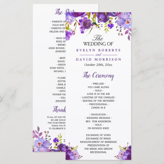 Ultra-Violet-Hochzeitsprogramm für Lila Blumen Programm (Vorne/Hinten)