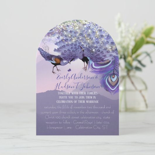 Ultra-Violet Lila-grüne Kupfer-Pfauenfeder Einladung (Stehend Vorderseite)