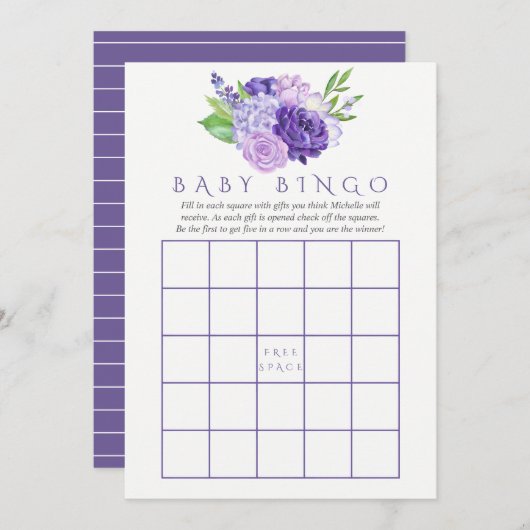 Ultra Violet Wasserfarbe Blumenbaby Dusche Bingo Einladung (Vorne/Hinten)