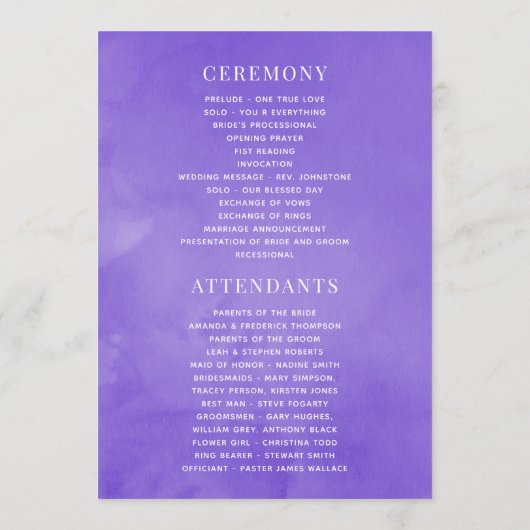 Ultra Violet Wedding Watercolor Floral Programm (Rückseite)