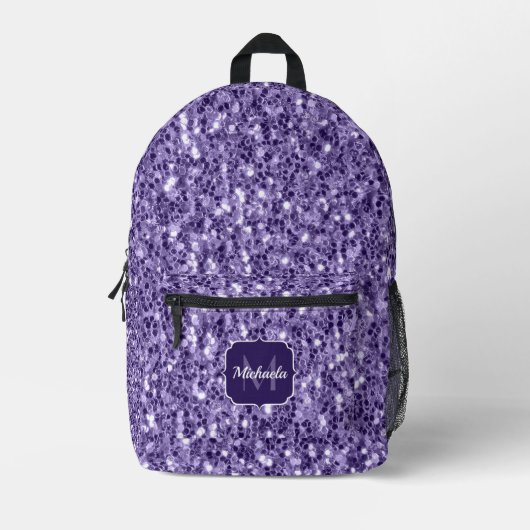 Ultra-violette lila-Glitzer-Glitzern Monogramm Bedruckter Rucksack (Vorderseite)