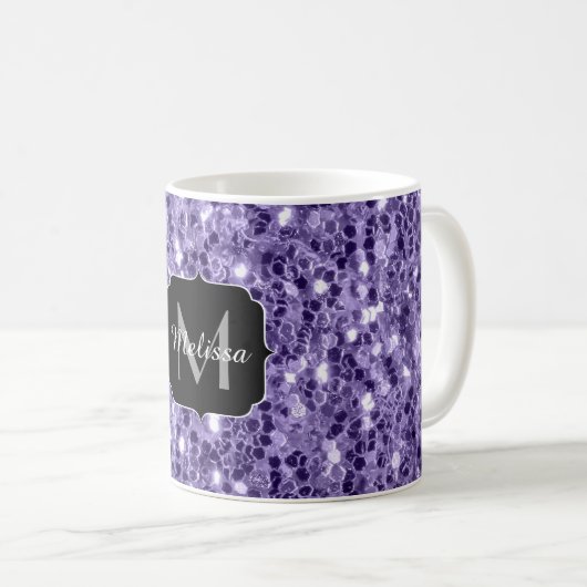 Ultra-violette lila-Glitzer-Glitzern Monogramm Kaffeetasse (VorderseiteRechts)