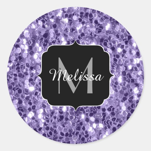 Ultra-violette lila-Glitzer-Glitzern Monogramm Runder Aufkleber (Vorderseite)