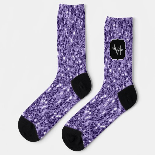 Ultra-violette lila-Glitzer-Glitzern Monogramm Socken (Linkes Detail)