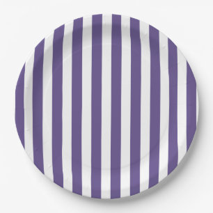 Ultra violette und weiße Candy-Streifen Pappteller