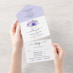 Ultra Violette Wasserfarbe-Floral-Hochzeit Alles i All In One Einladung