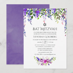 Ultra Violette Wasserfarben-Blumen-Bat-Mizwa-Hochz Einladung