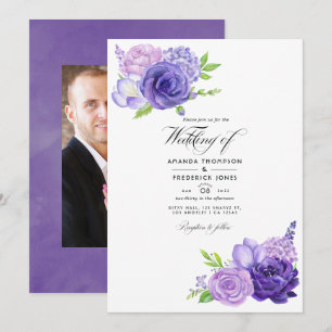 Ultra-Violette Wasserfarben-Blumen-Hochzeitsfoto Einladung