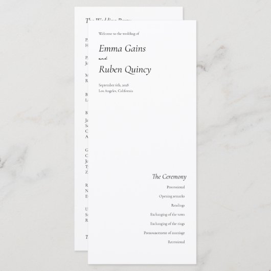 UltraMinimalistisches Schwarz-Weiß-Hochzeitsprogra (Vorne/Hinten)