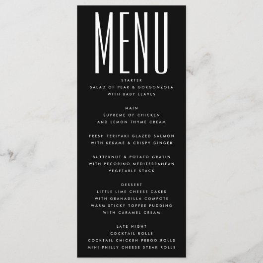 Ultramoderne, einfache Minimalistische Schwarz-wei Menükarte (Vorderseite)