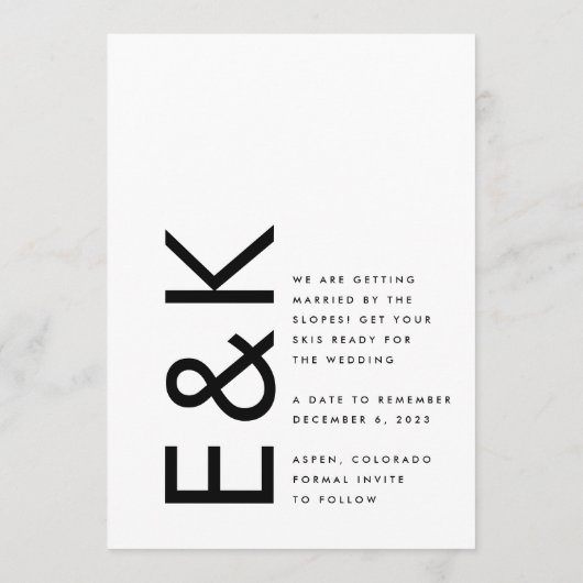 Ultramoderne Schwarz/Weiß-Monogramm ohne Foto Save The Date (Rückseite)