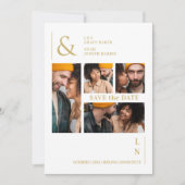 Ultramoderne, trendige White & Gold 4 Multi-Fotos Save The Date (Vorderseite)