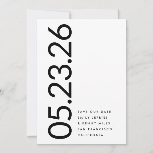 Ultramodernes Schwarzweiß-Weiß-Fett ohne Foto Save The Date (Vorderseite)