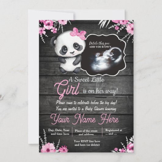 Ultrasound Girl Panda Baby Dusche Blume rustikal Einladung (Vorderseite)