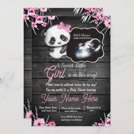 Ultrasound Girl Panda Baby Dusche Blume rustikal Einladung (Vorne/Hinten)