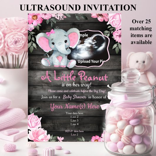 Ultrasound Pink Elephant Baby Dusche Einladung